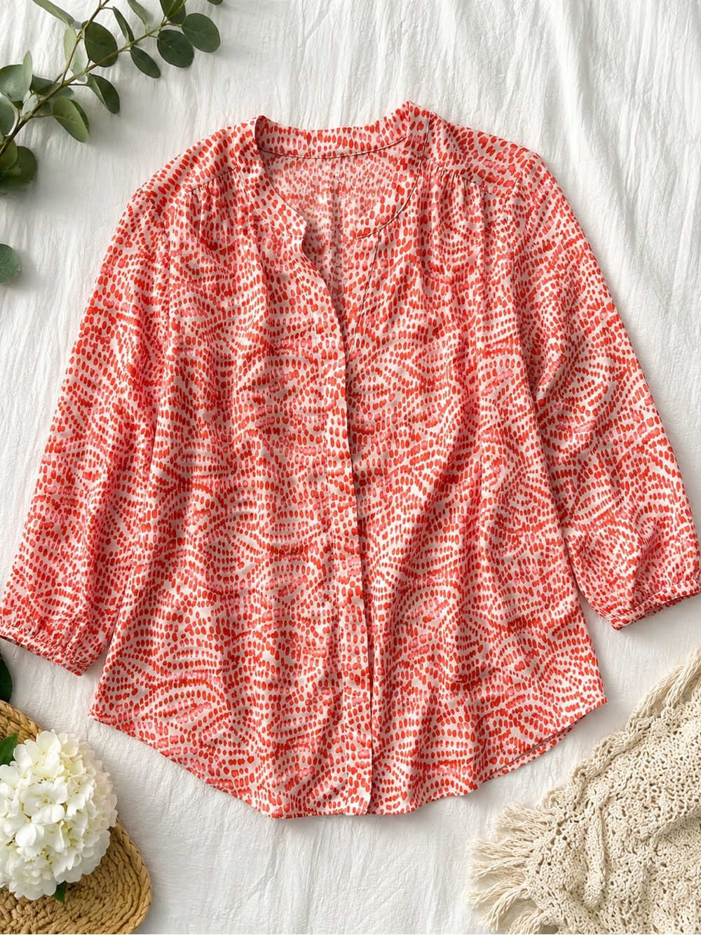 NYDJ Large Orange White Printed Popover Blouse 3/4 Sleeve Split Neck